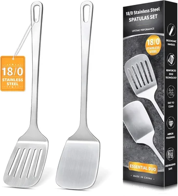 2 Pcs Stainless Steel Spatulas Set, Metal Spatula Solid & Slotted Turn
