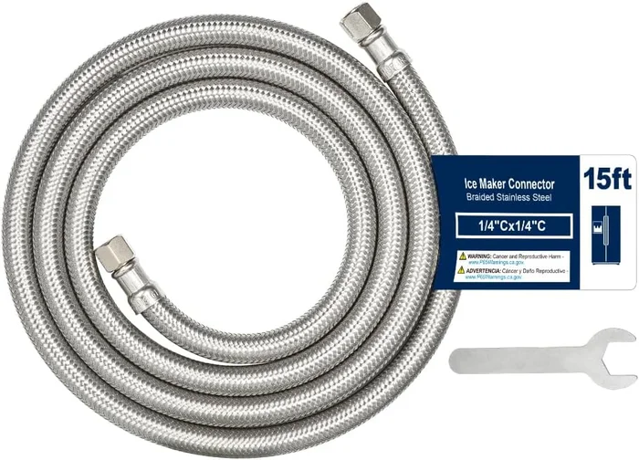 15FT Stainless Steel Braided Ice Maker Supply Line with 1/4 Compressio