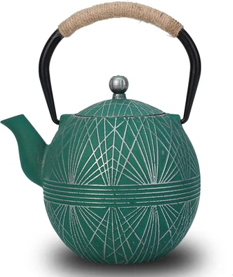 34oz Cast Iron Teapot with Infuser, Green Pattern Enamel Interior for 