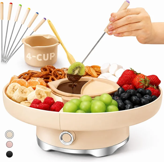 LUSHYUM Electric Chocolate Fondue Pot Set 4-Cup with Rotating Tray for
