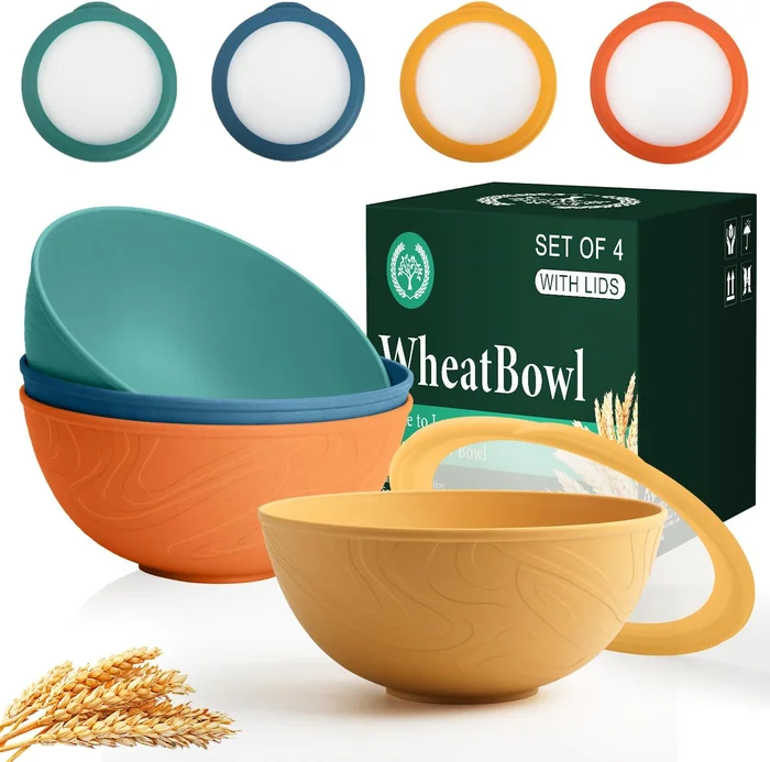 Homienly Wheat Straw Bowls with Lids Salad Bowl 40 OZ Unbreakable Cere