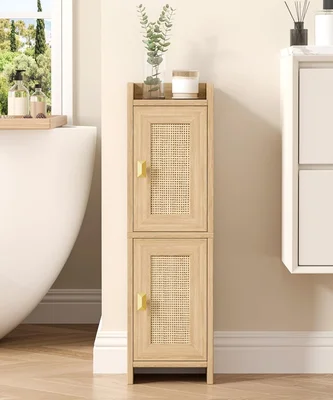 Akxomel Rattan Small Bathroom Cabinet Narrow Toilet Paper Organizer wi