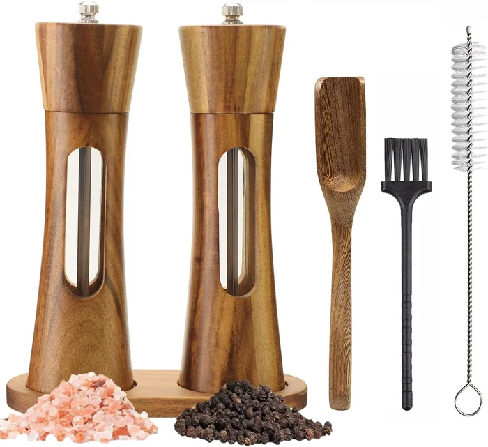 2 Pack 8 Inch Wooden Salt and Pepper Grinder Set with Clear View Windo