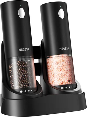 Electric Salt and Pepper Grinder Set with Rechargeable Base - Automati
