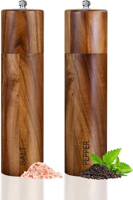 XWXO 2 Pack 8 Inch Acacia Wooden Salt and Pepper Grinder Set Refillabl