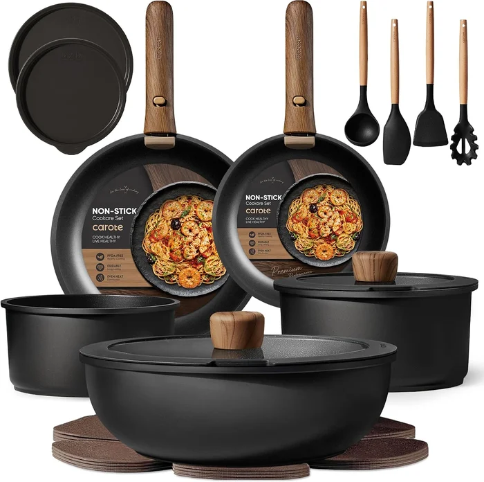 CAROTE 19-Piece Non-Stick Cookware Set with Detachable Handles, Black 