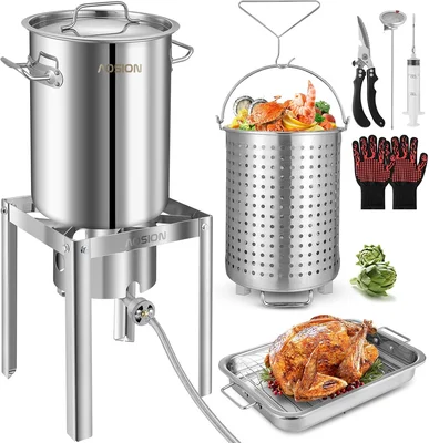30QT Stainless Steel Turkey Fryer and Seafood Boil Pot with 55000 BTU 
