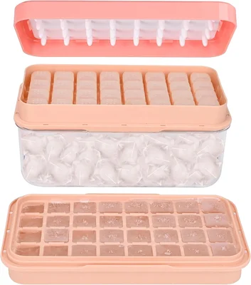 BPA Free Ice Cube Tray with Lid and Bin 64 Grids Layerable Molds with 