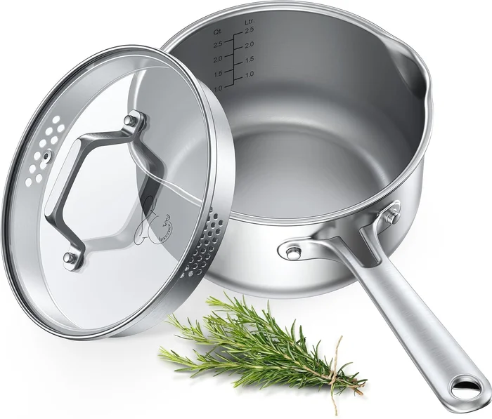 PekGema 3QT Saucepan with Glass Strainer Lid Made from Tri-Ply Stainle