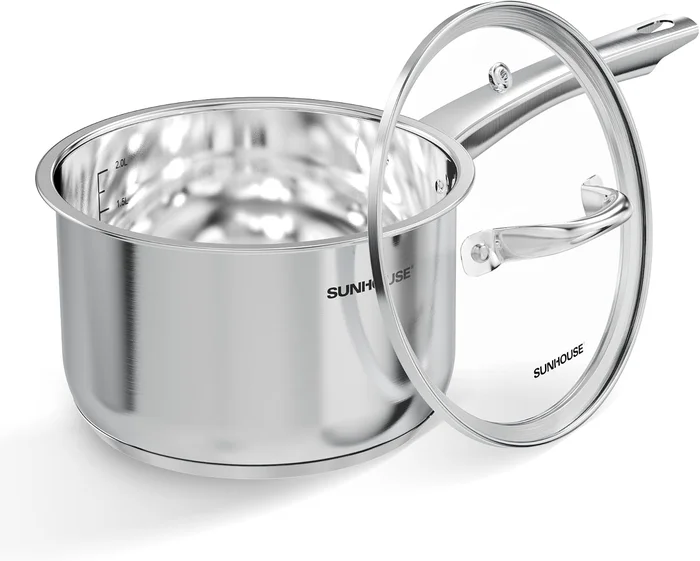 Sunhouse 3 Quart Stainless Steel Saucepan with Tempered Glass Lid and