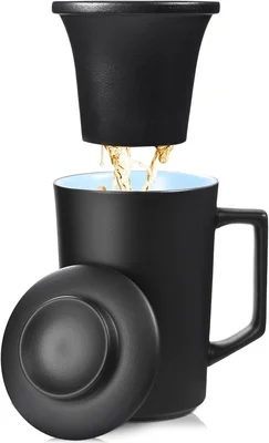 15 oz Ceramic Tea Infuser Cup with Lid, All Porcelain Strainer for Loo