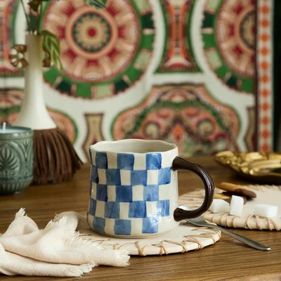 Retro Checkered Ceramic Coffee Mug 16Oz - Extra Large Handle, Microwav
