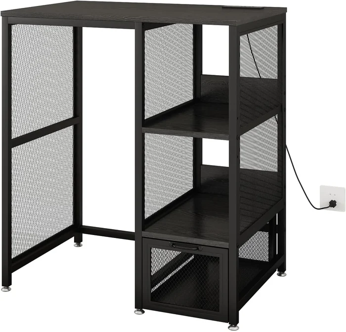 METYERRY Mini Fridge Cabinet with Power Outlet and Mesh Drawer Black C