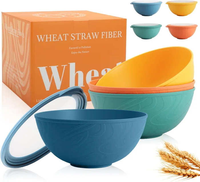 Wheat Straw Bowls Set with Lids Unbreakable 40 OZ Cereal Bowls Set of