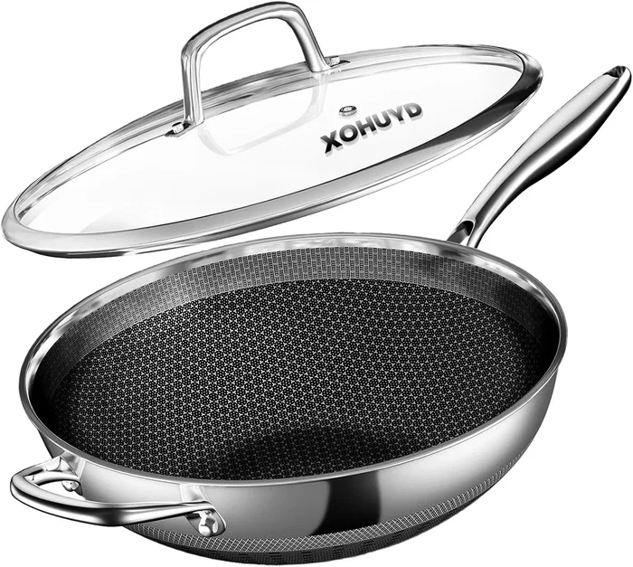 13 Inch Stainless Steel Wok Pan with Lid for Healthy Nonstick Stir-Fry