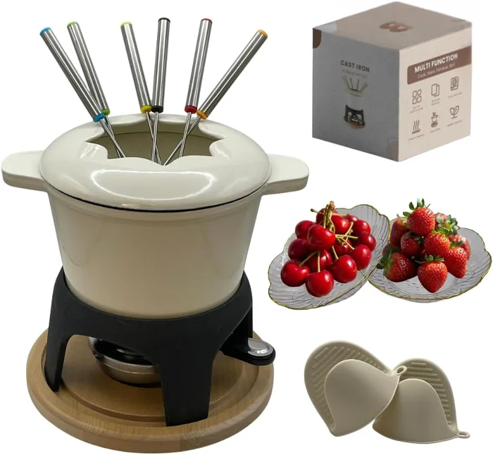 15-Pcs Cast Iron Fondue Set with Accessories for Swiss Cheese Meat Oil
