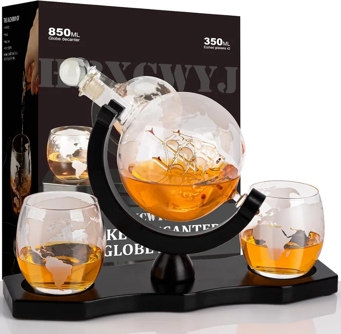 HBXCWYJ Whiskey Decanter Globe Set with 2 Glasses and Walnut Tray Gift
