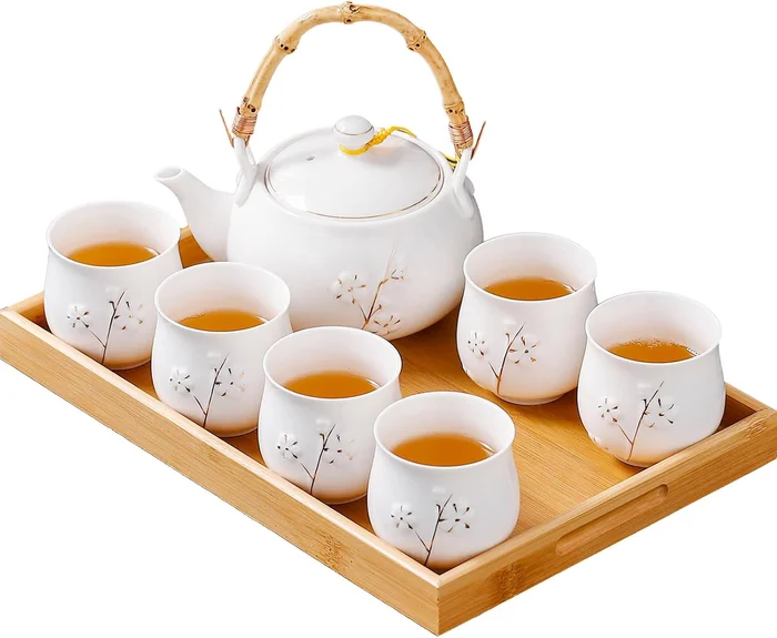 Japanese White Porcelain Tea Set with 1 Teapot and 6 Cups plus Tray wi