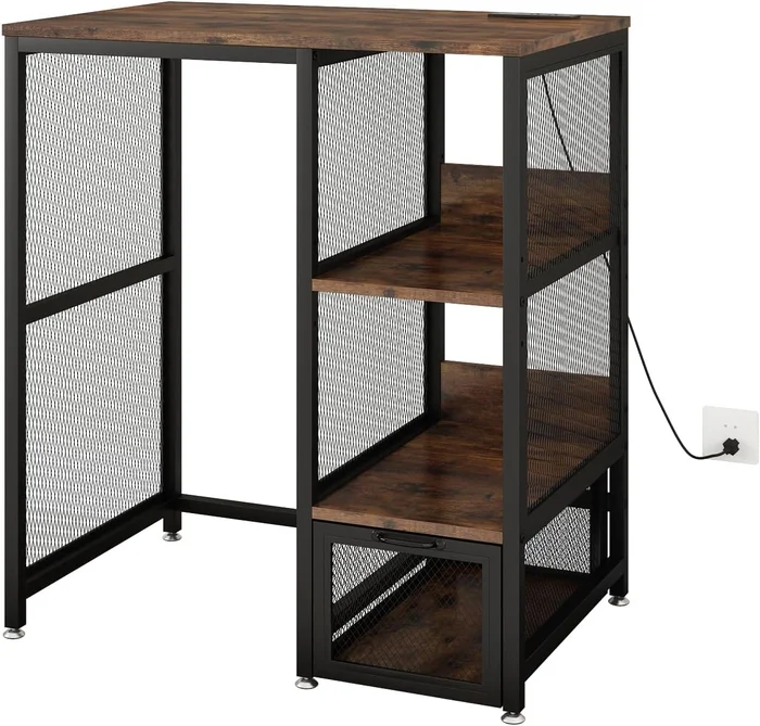 METYERRY Mini Fridge Cabinet with Power Outlet and Mesh Drawer Rustic 