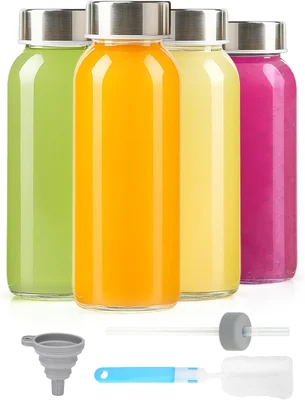 Zukro 10 oz Small Glass Juice Bottles with Stainless Steel Lid 4 Pack 