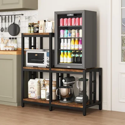 5-Tier Mini Fridge Stand with Storage, Vintage Brown Bakers Rack and M