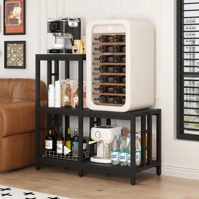 Black Coffee Bar Cabinet with Mini Fridge Space and Microwave Stand Ba