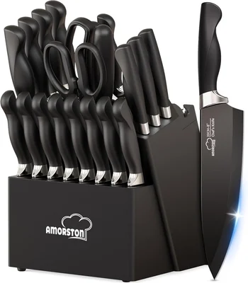 Amorston 21-Piece Kitchen Knife Set with Block and Sharpener, Black Ge