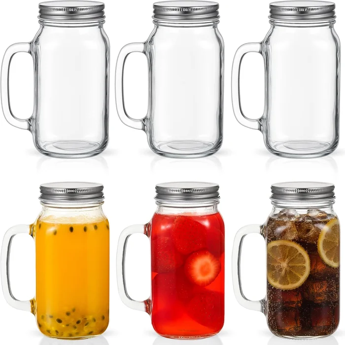 LemonRoad 6pcs 24oz Mason Jars with Handles and Lids Clear Drinking Gl