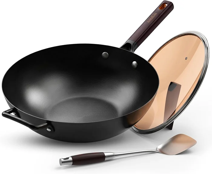 13.5 Inch Pre-Seasoned Flat Bottom Carbon Steel Wok with Lid and Spatu