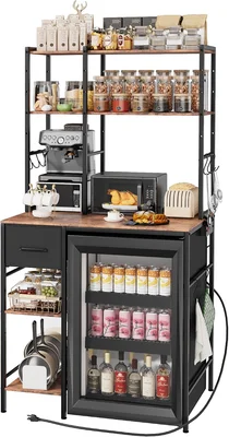 Kitchen Mini Fridge Stand with Storage and Power Outlet for Dorm Apart