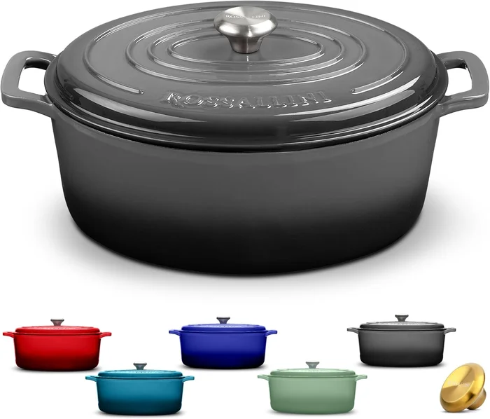 ROSSALLINI Signature Enameled Cast Iron Oval Dutch Oven Non-Stick Serv