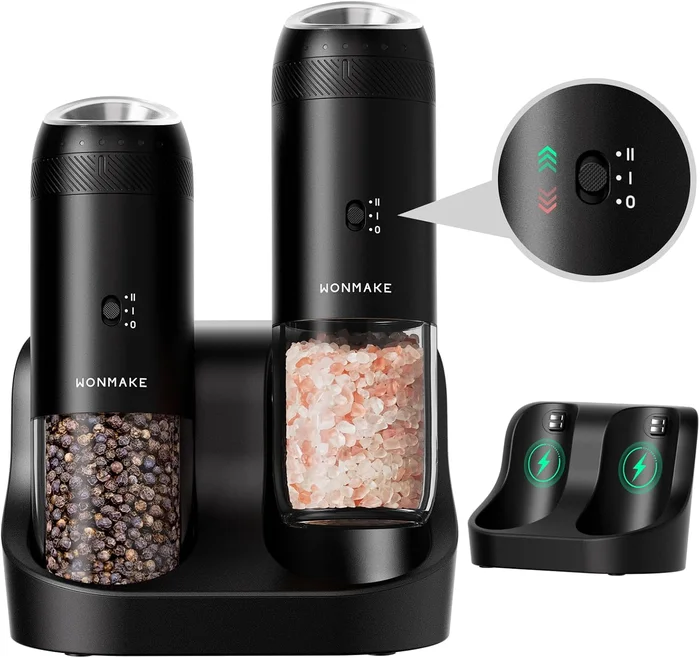 WONMAKE Gravity Electric Salt and Pepper Grinder Set with Charging Bas