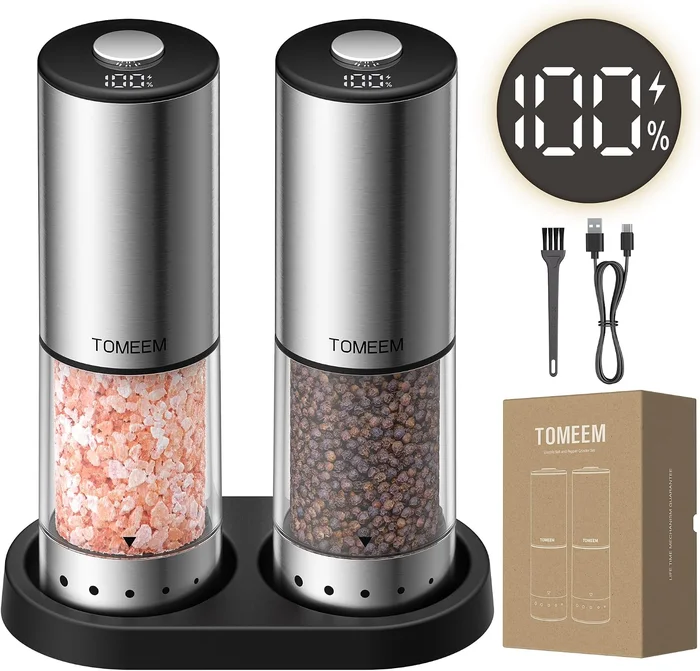TOMEEM Rechargeable Electric Salt and Pepper Grinder Set with Battery 