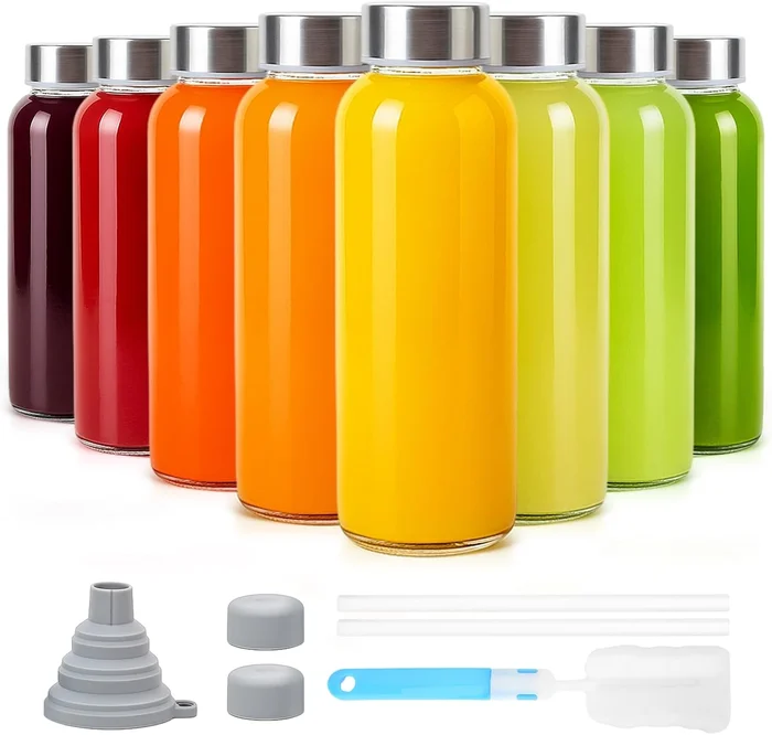 Sursip 10 oz Glass Juice Bottles 8 Pack with Leakproof Stainless Steel