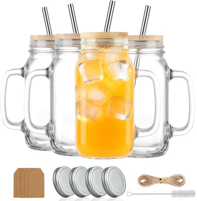 24 oz Mason Jar Cups Glass Drinking Jars with Handles Set of 4 for Dai