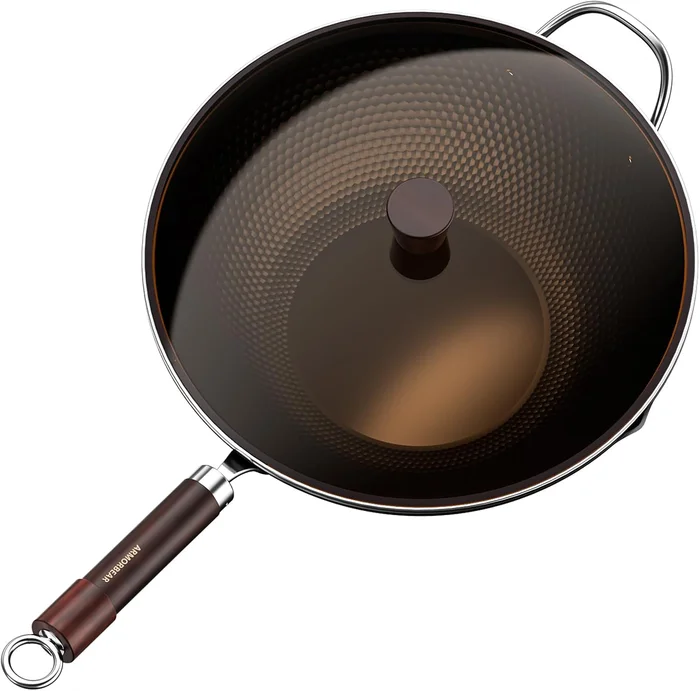 13.4 Inch Tripole Nitrided Pre-Seasoned Carbon Steel Wok Pan with Glas