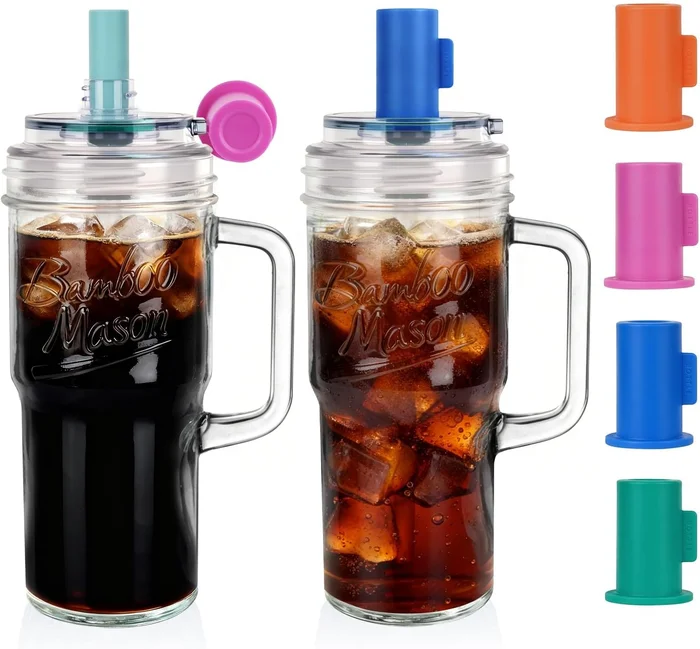 ANOTION Glass Tumbler With Handle Bamboo Mason Leakproof Mason Jar Cup