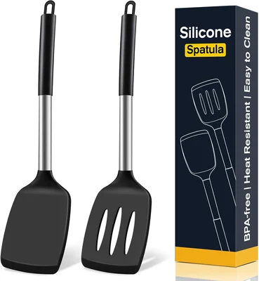 2 Pack Silicone Spatula Set Solid and Slotted Turner for Non-Stick Pan