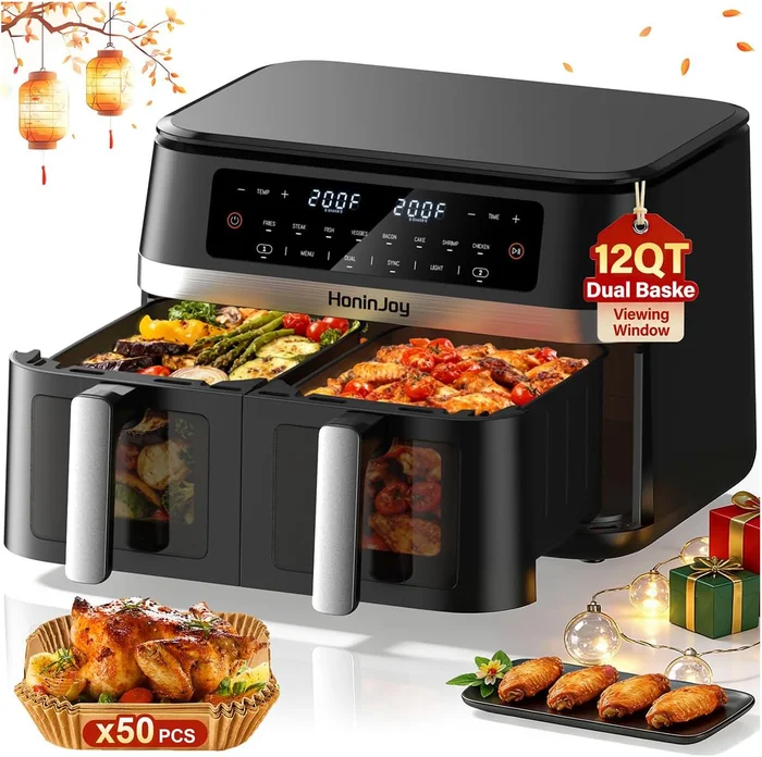 12QT 12-in-1 Dual Air Fryer with 2 Baskets and 50PCS Paper Liners