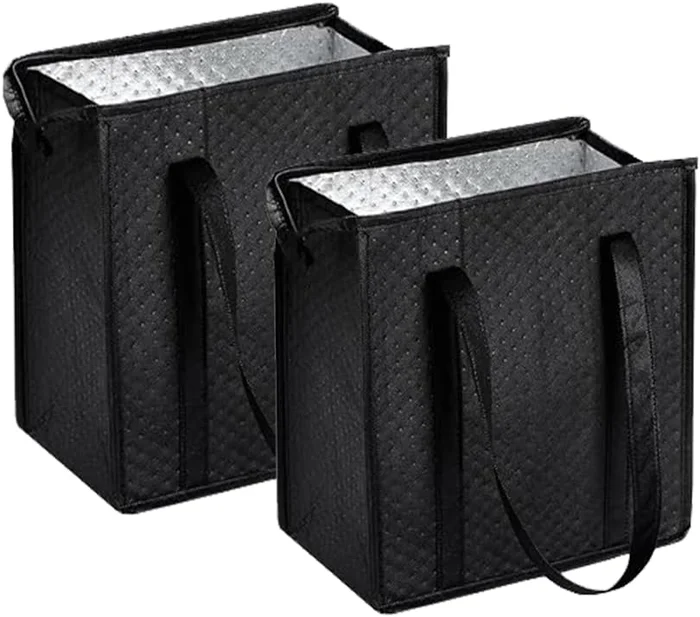 2-Pack 18L Black Insulated Grocery Bags with Zipper Large Reusable The
