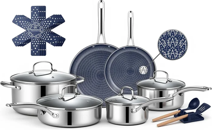 Ammeloo 17 Pcs Pots and Pans Set Non Stick Stainless Steel Cookware Se