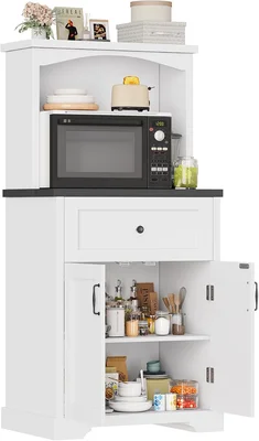 Microwave Stand with Storage and Drawer, Kitchen Pantry Storage Cabine