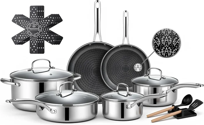 Ammeloo 17 Pcs Stainless Steel Cookware Set, Pots and Pans Set with No
