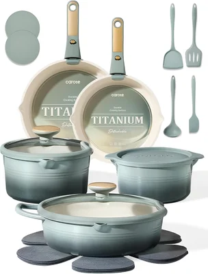 CAROTE 20-Piece Titanium Cookware Set with Detachable Handle for Nonst