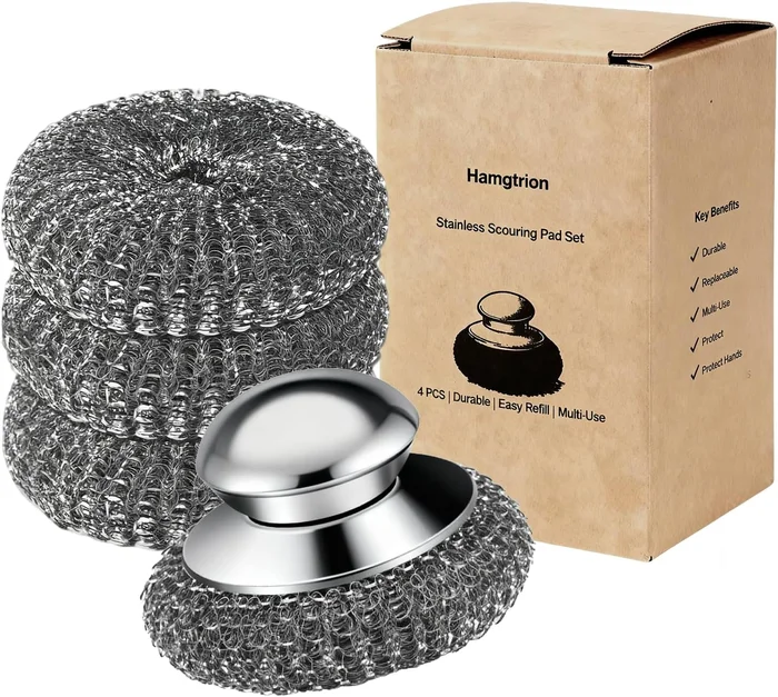 Steel Wool Scrubber 4-Pack Stainless Steel Scrubber Pads with Handle f
