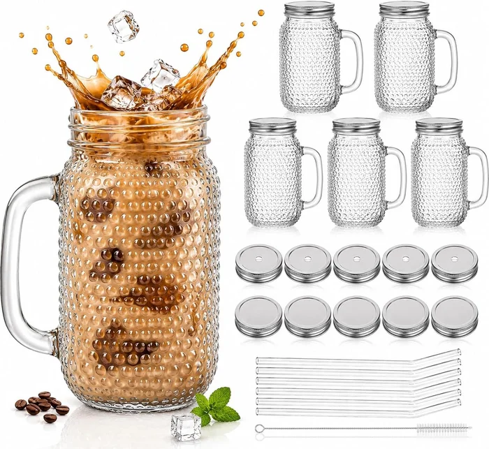 DaYammi 6 Pack 24oz Hobnail Mason Jars with Lids & Straws Handle Glass