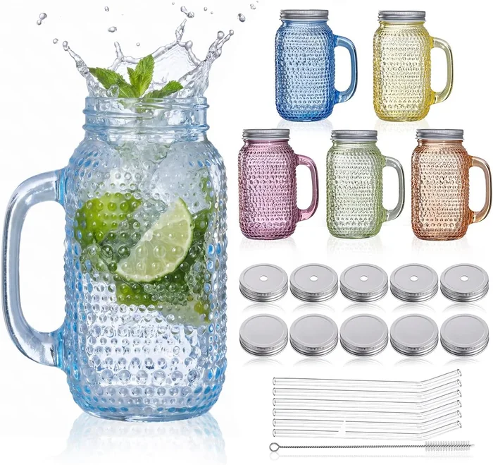 DaYammi 6 Pack 24oz Hobnail Mason Jars Cups Drinking Glass Cups with L