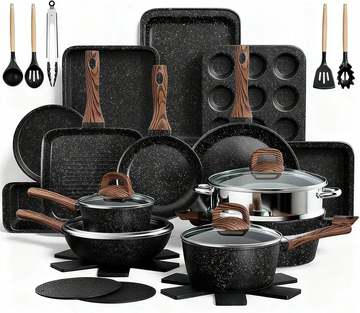 31-Piece Non-Stick Kitchen Induction Cookware and Bakeware Set with Fr