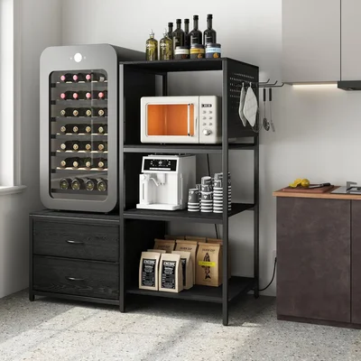 Functional Mini Fridge Stand with Adjustable Shelf, Power Outlet, and