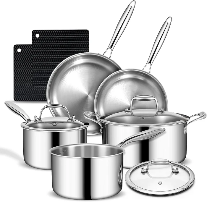 AIVIKI 10-Piece 3-Ply Stainless Steel Cookware Set, Induction Ready, O